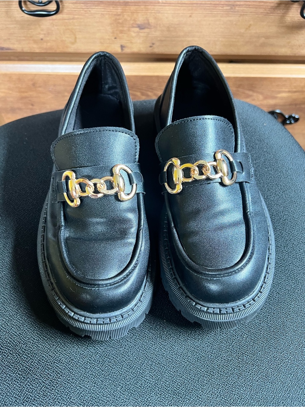 SHEIN Black Loafers with Gold Chain Trim